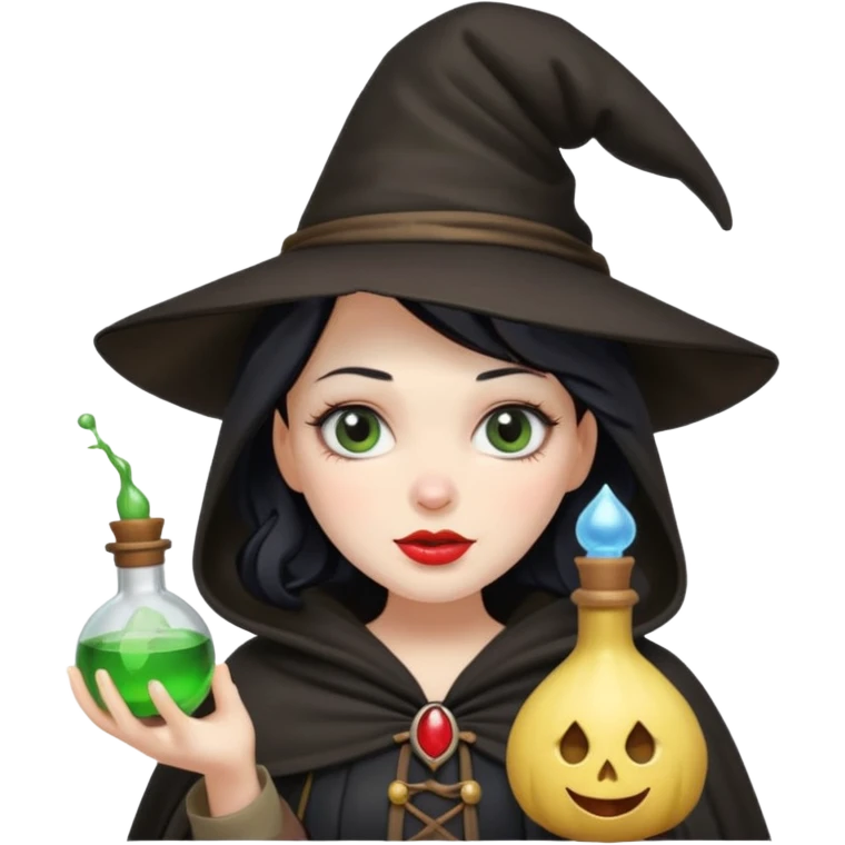 Snow White witch with exaggerated features, pale skin, facing camera, holding a potion bottle, emoji style emoji