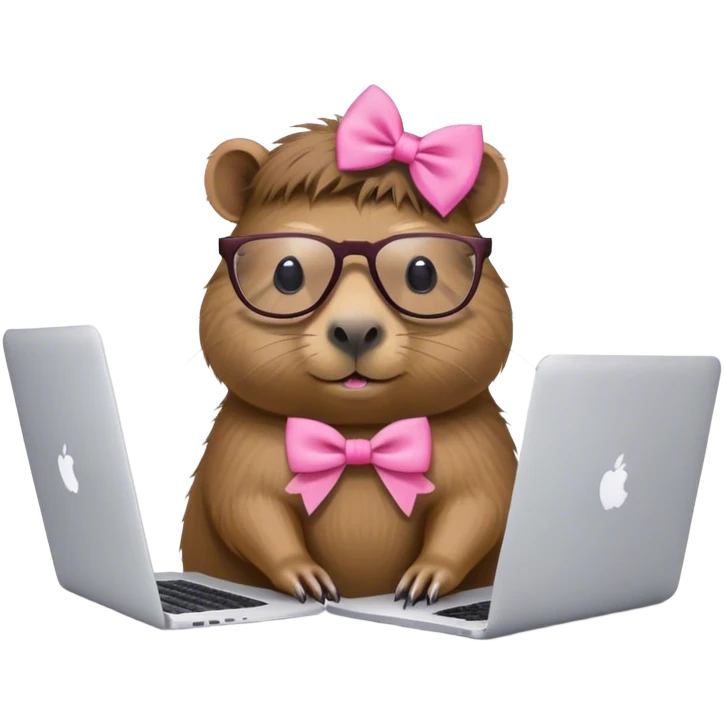 capivara de óculos e laço cor de rosa mexendo no macbook emoji