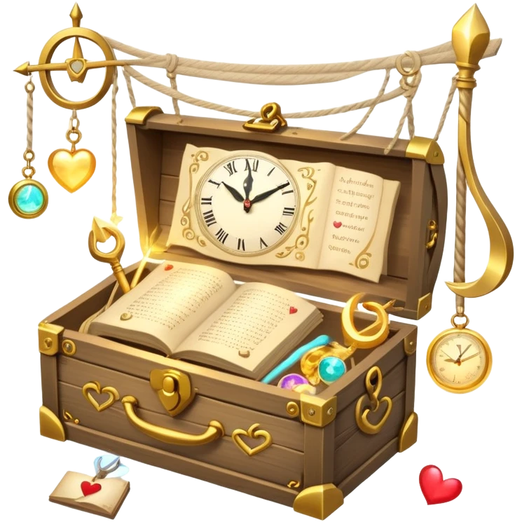 A glowing toolbox sits open, filled with five tiny symbols: a sunrise clock, a swirling scroll, three glowing orbs, a magic wand, and a heart-shaped hammock. Floating above is a soft spark, hinting at inner power. It’s not just a box—it’s a lifeline for clarity, ease, and joy. emoji