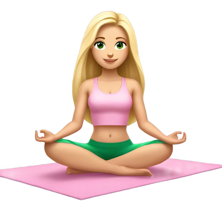 blonde long hair and green eyes yoga beautiful girl in light pink pink pink clothes sitting on a yoga mat emoji