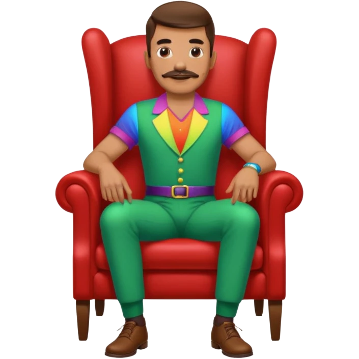 gay man rgb outfit, long chair, mustache emoji
