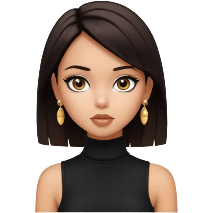 generate a pretty bratz girl in black cami top, dark brown straight short hair, eyeliner on. dark brown eyes. Wearing sleeveless white turtleneck, gold stud earrings emoji