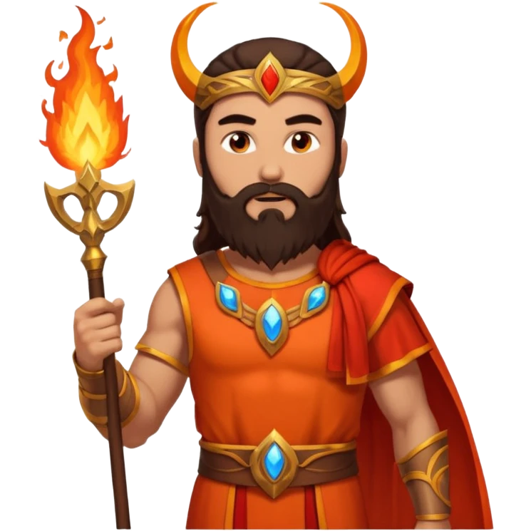 Vulcan, Fire God from Rome Mythology with long dark brown hair and beard, orange and red outfit, light tan skin emoji