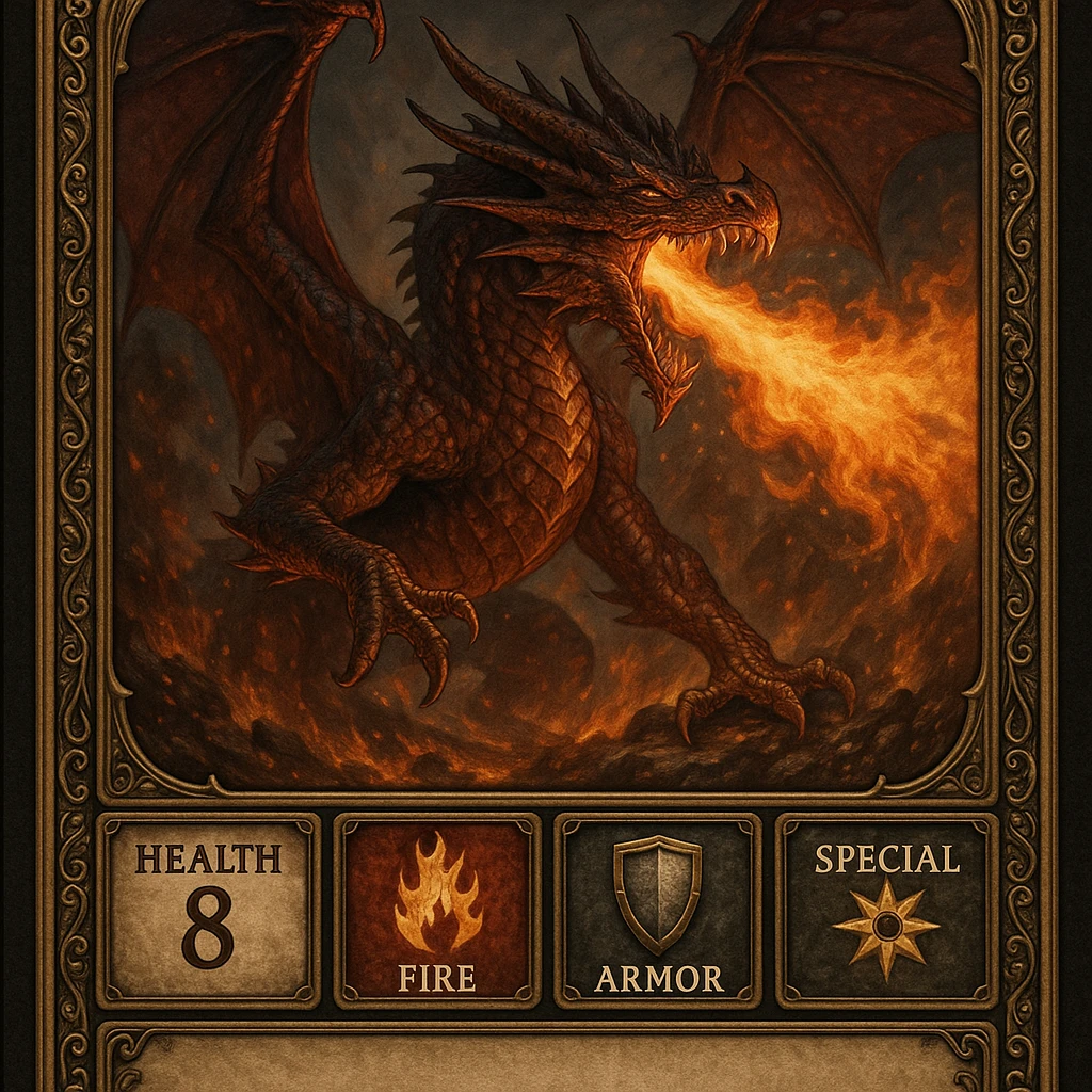 epic collectible role-playing card featuring a fire-breathing dragon, info panels for health, fire, armor, special power, description area, intricate fantasy details, ornate card border, dramatic pose, vibrant colors, highly detailed fantasy illustration emoji