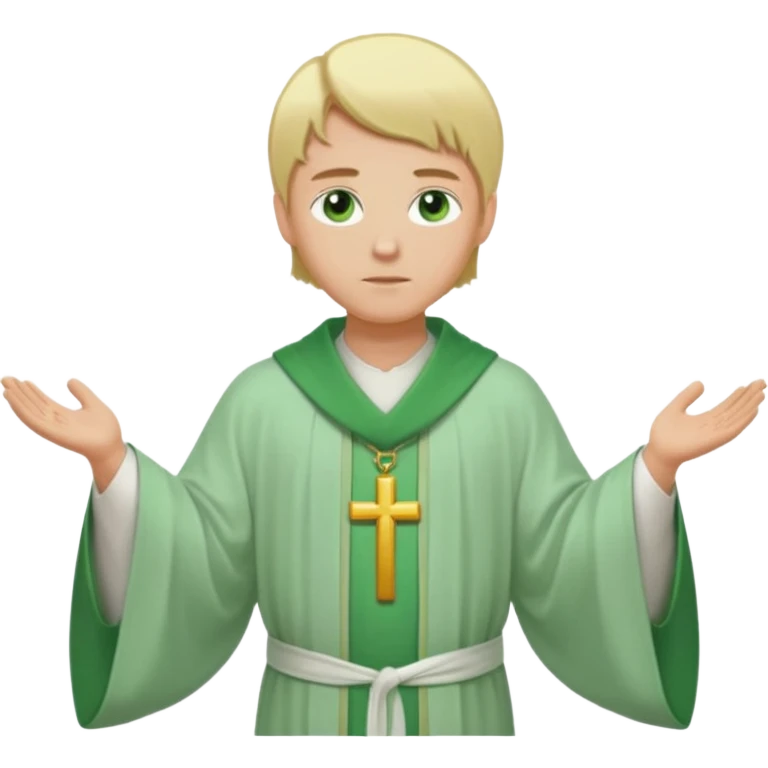 a priest, green eyes, blonde hair, light green wide, flowing outer robe. opening arms, gazing thoughtfully. Soft light, subtle fern. Waist-up, profile. emoji