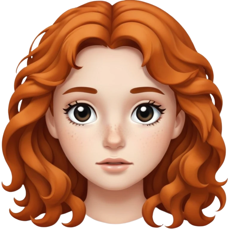 girl with wavy long hair, striking black eyes, subtle makeup, and scattered freckles emoji