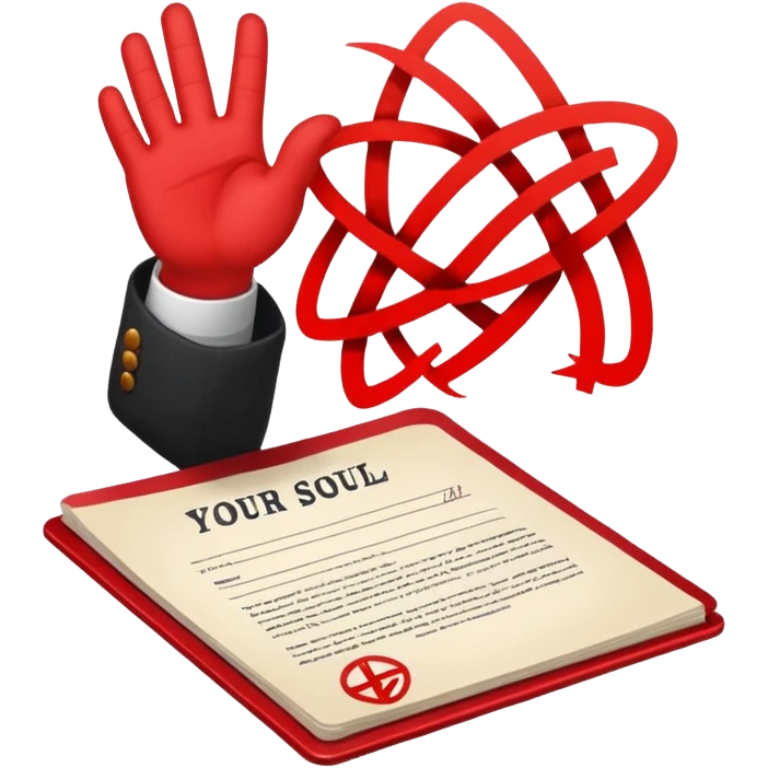 Minimalist emoji-style sticker of a hand signing a contract that says “YOUR SOUL” in bold letters, red ink, pentagram seal emoji