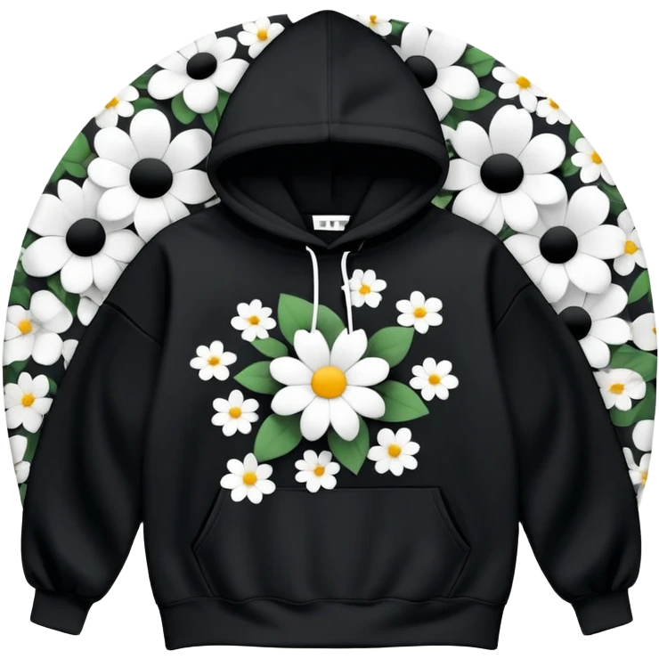 "Generate a black hoodie with scattered medium-sized black and white flowers. Each flower should have a bold, thick white ring as petals with a completely hollow center, creating an open, circular appearance. The flowers should be irregularly shaped, not symmetrical, and spread across the hoodie, including the sleeves and hood. Avoid detailed petals, shading, or filled centers—just simple, bold, hollow ring-like floral patterns emoji