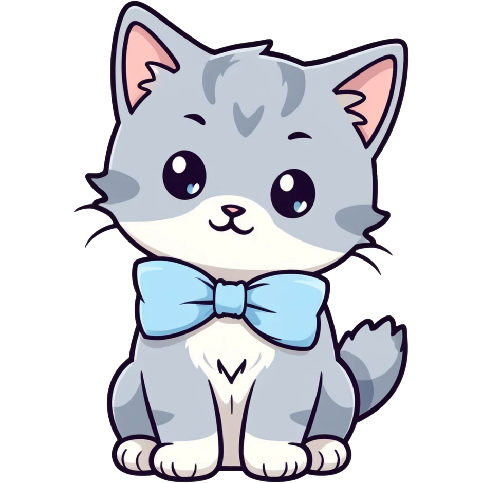 cute fluffy gray kitten with a light blue bow, ghibli style emoji