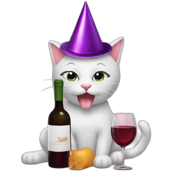 depressed tired kitty drinking wine and party hat on emoji