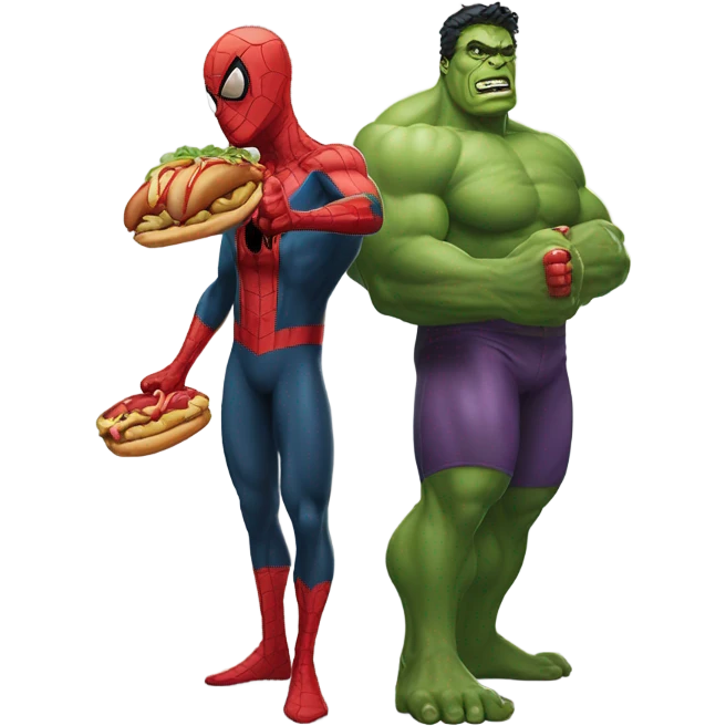 Spiderman holding a hotdog with the hulk emoji