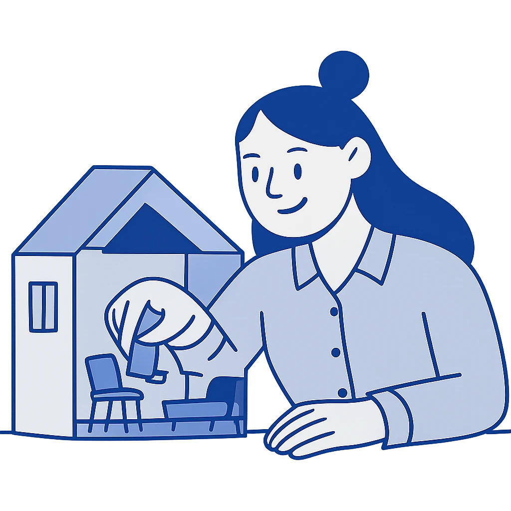 smiling girl arranging furniture in doll house emoji
