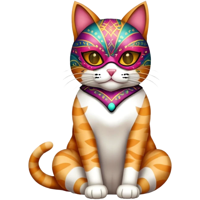 cat full body sitting with colorful patterned mask emoji