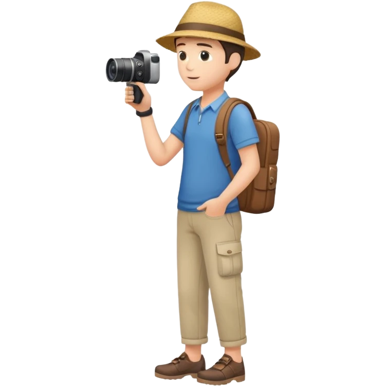tourist full body from side view, casual clothing, holding a camera emoji