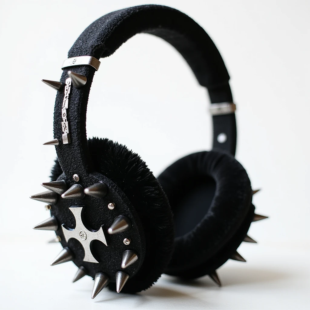 realistic black gothic headphones with velvet ear cups, silver spikes, and subtle cross motifs, photorealistic style emoji