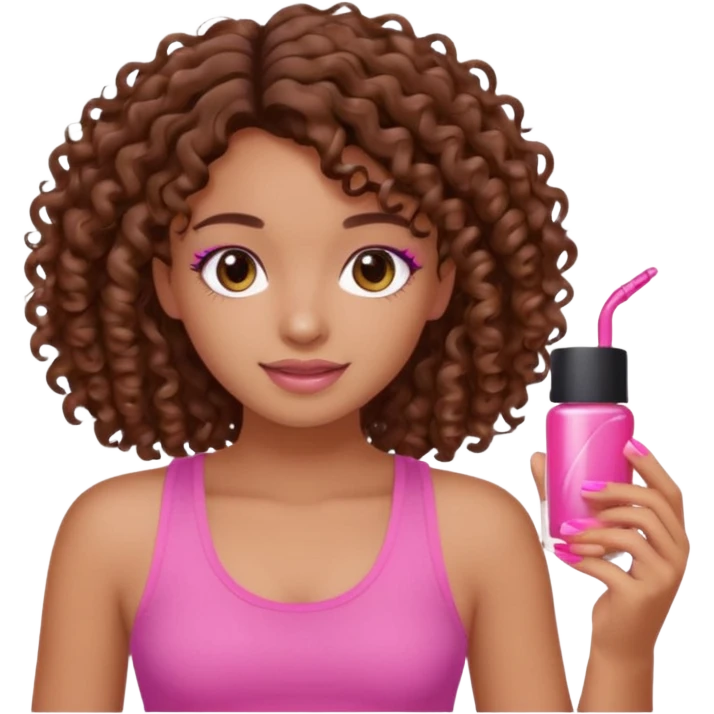 Uma menina com o cabelo cacheado é morena, e com uma regata rosa com unha em gel  emoji