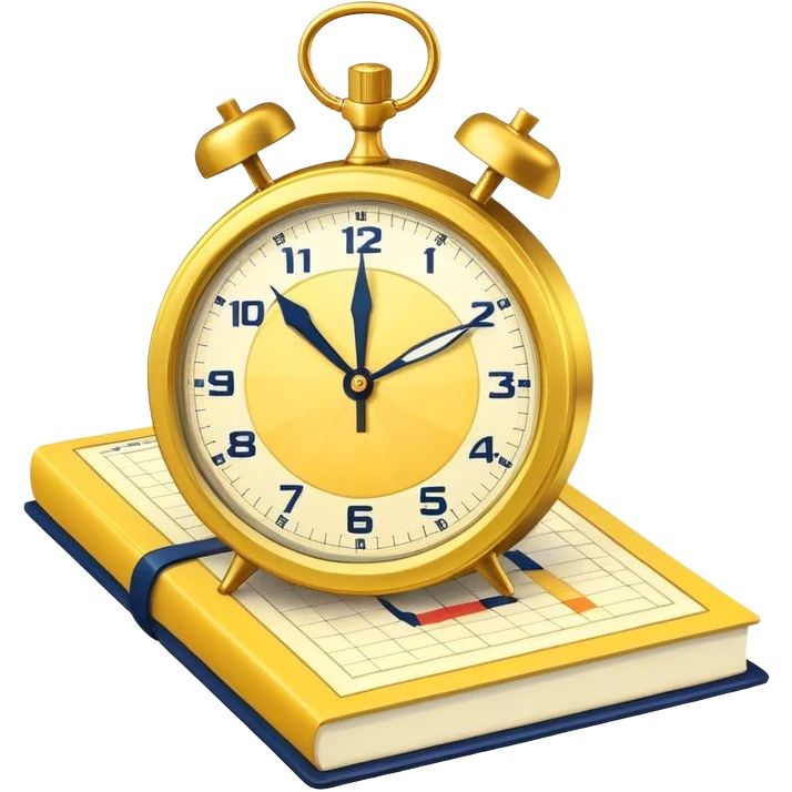 A yellow productivity book with navy blue and gold details, running clock and chart with upward trend aura, radiating productivity, strategy, and success in motion with time and happiness yellow... power in time emoji