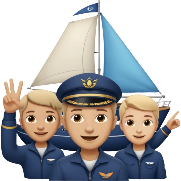 Emoji-style person taking a selfie with small sailing crew behind, rounded faces, soft shading, smiling, PNG cutout emoji