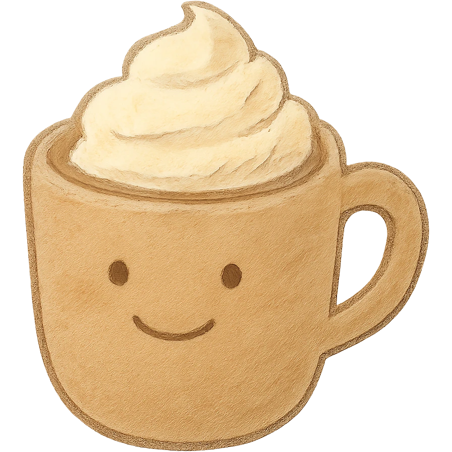 a cup of cocoa with whipped cream, Japanese soft pastel hand-drawn style, full object, transparent background, with a gentle smile emoji