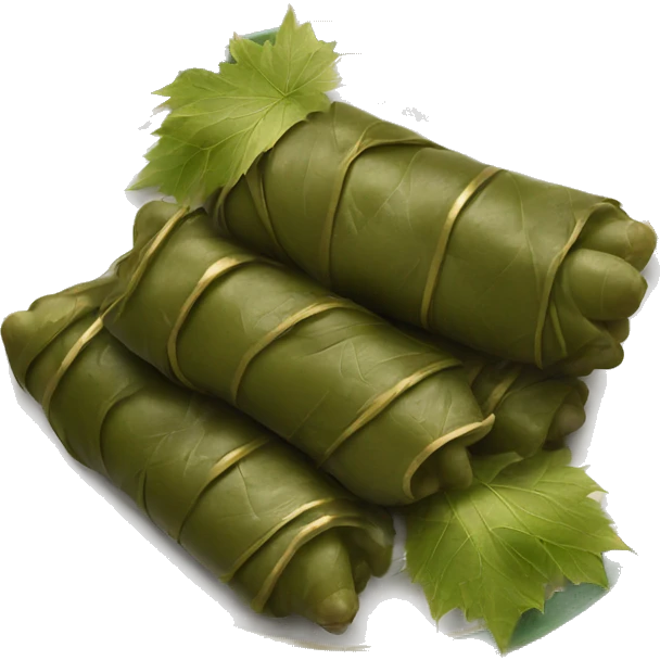 Stuffed grape leaves that are coocked and in a plate with gold stripes emoji