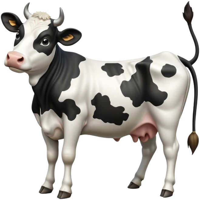 cinematic-[black and white cow]-realistic-full-body-standing-emoji,-tail-flicking-lazily,-head-tilted-dramatically,-sleek-[black and white]-coat,-simplified-yet-realistic-focused-features,-highly-detailed,-glowing-with-an-almost-sarcastic-glow emoji
