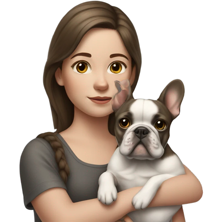 realistic portrait of brown hair girl with gray french bulldog  emoji