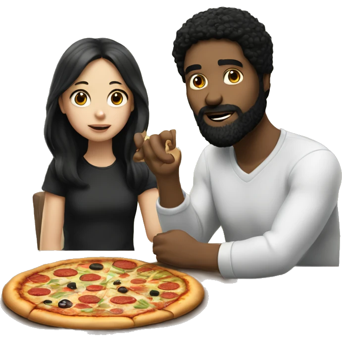 white man with black hair and beard sitting at a table eating pizza with small white girl with black hair emoji