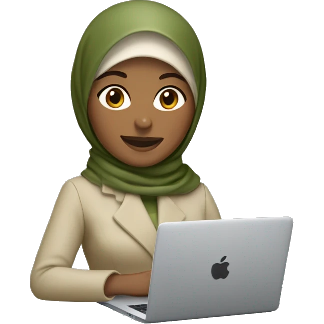 memoji of a woman with a laptop in front, apple-style,modern with olive green hijab on head,beige color coat, indian, fair, working on laptop with smile on face emoji