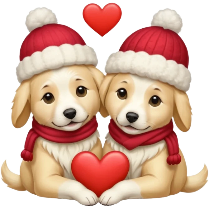 2 English cream golden retrievers cuddling with winter hats and heart in between them. Make them pale dogs . Less cartoon and no hands holding heart just a heart in between  emoji