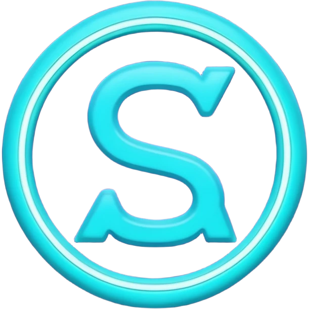 futuristic minimalistic emoji icon, letter "S" formed by three glowing digital lines representing Storm, Atom and NoizeGames, neon purple (#8B5CF6) and cyan (#00E0FF) on dark background, modern tech style, 1:1 aspect ratio emoji