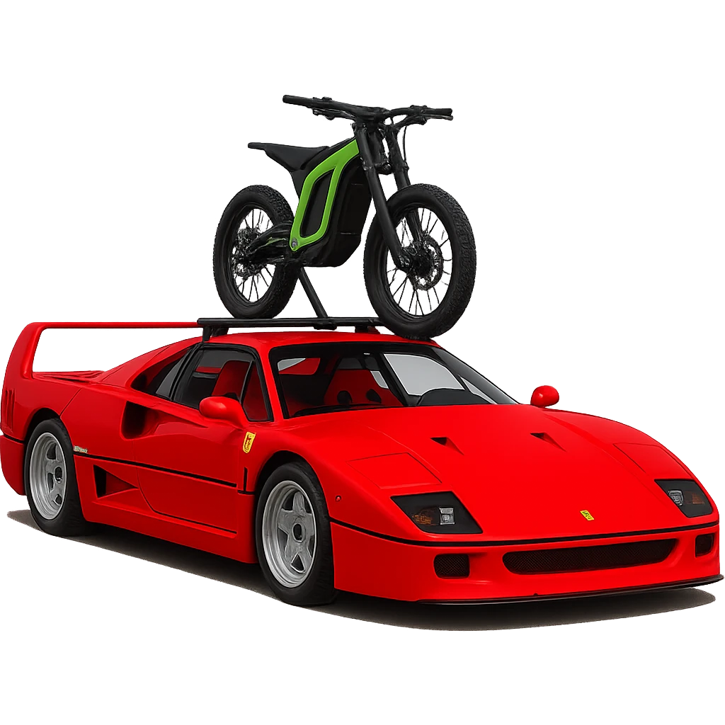Enhance the image to make the roof rack clearly visible under the small green-framed Sur-Ron bike on the Ferrari F40. Emphasize the rack structure with clear details and keep the background transparent. emoji