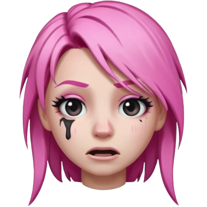 Twitch emoji style Haze skin from Fortnite crying with exaggerated tears, pink hair, and gothic look emoji