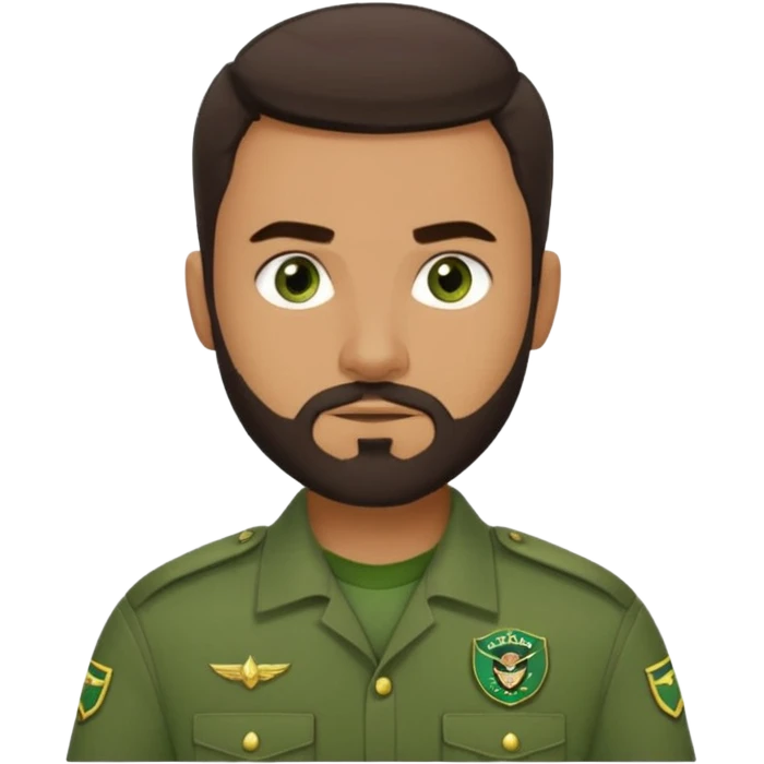 A strong young man, with a dark brown short goatie beard, thick eyebrows, green eyes, faded styled dark brown hair, and a green Uniform that says on the left chest "CC Team Seba" emoji
