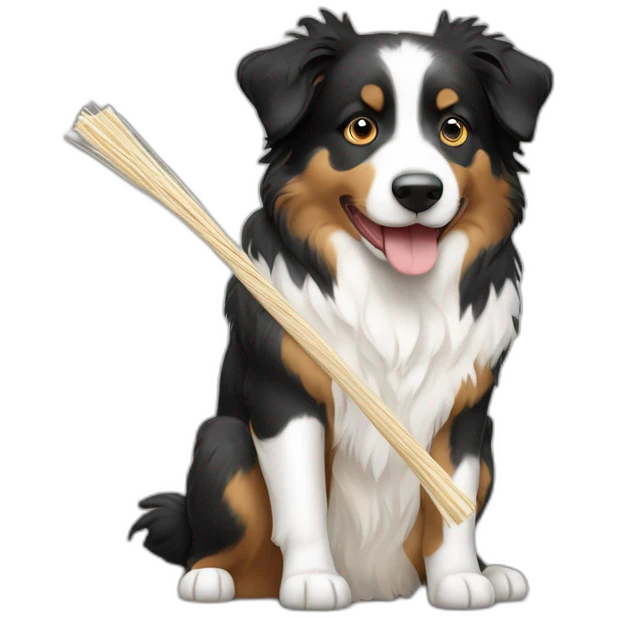 Black and white tricolor Australian shepherd holding a stick of string cheese emoji