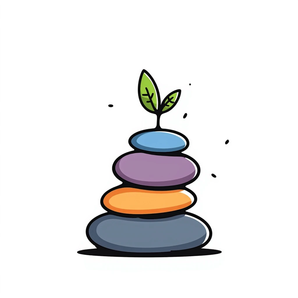 A zen-like balanced stack of colorful stones in blues, purples, and oranges with a small green plant growing beside it, representing balance and stress relief. Hand-drawn doodle style with vibrant colors. emoji