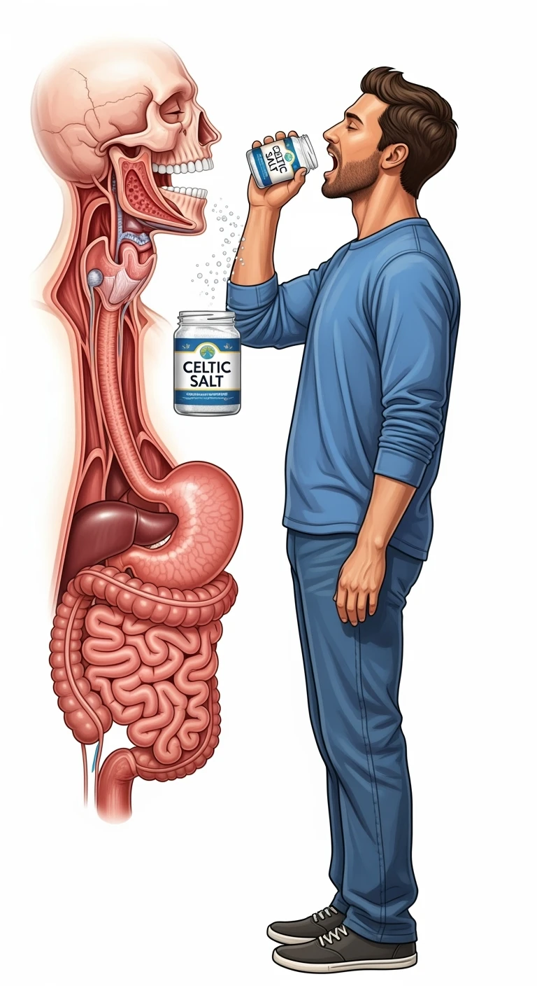 A MEDICAL ILLUSTRATION OF A REALISTIC human body holding a jar with "CELTIC SALT" written on the label, he throws it in his mouth DURING BREAKFAST emoji