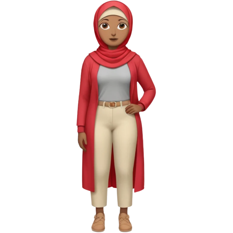 Heavy-set woman with medium-brown skin wearing a light red hijab, cream top, light red pants, tan shoes, and a grey prosthetic leg. Standing confidently with one hand on her hip emoji