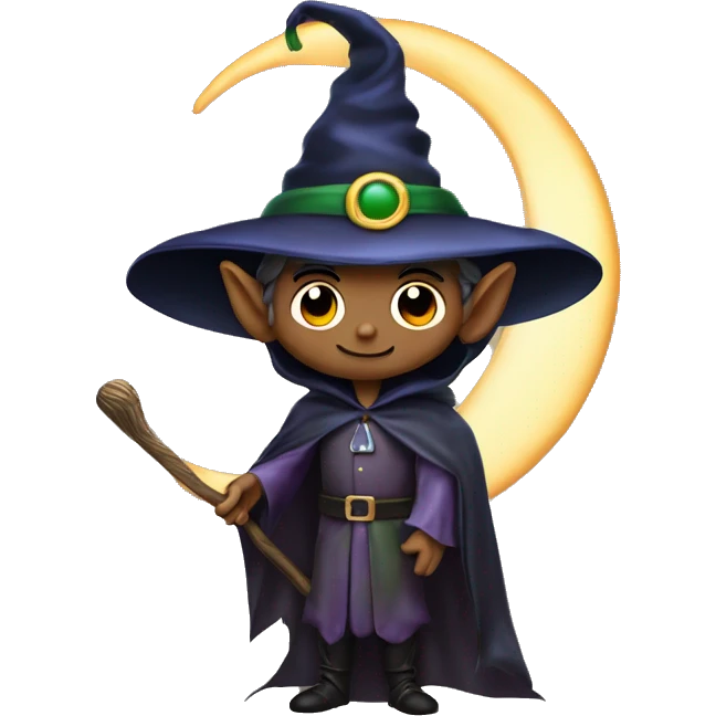 Elf male wizard a crescent moon hat, holding a bat, Halloween theme, emoji emoji