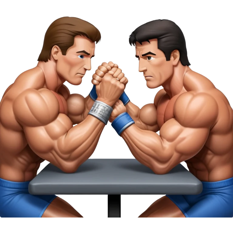 Arnold Schwarzenegger and Sylvester Stallone from 'Over the Top,' locked in an arm wrestling battle, using only their right hands. Their left hands rest on the table. Both display immense strength, with muscular arms flexing, under bright competition lights. Transparent background. emoji