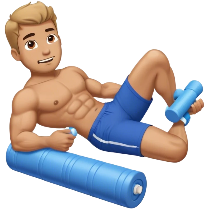buff guy blue shorts lying down foam-roller emoji