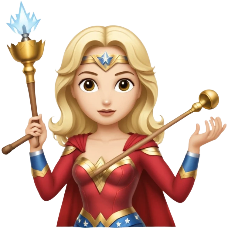 Blonde Wonder Woman holding white orchestra conductor’s baton and bell emoji