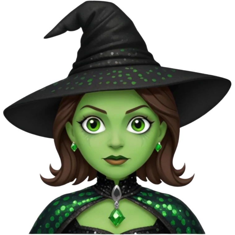 The Wicked Witch from Oz with green skin, brown hair, black sequin outfit emoji