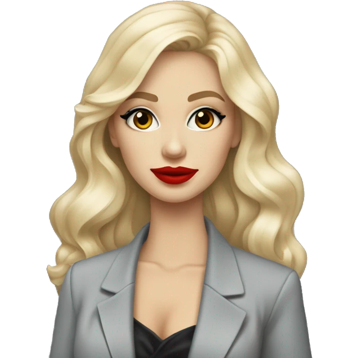 Russian Blonde long hair with red lips small nose and black eyes Tiffany diamond seller in a grey suit emoji