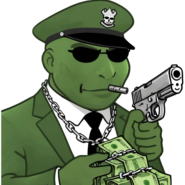 a fried egg but the yolk is a gangster person with a chain and a gun and money emoji