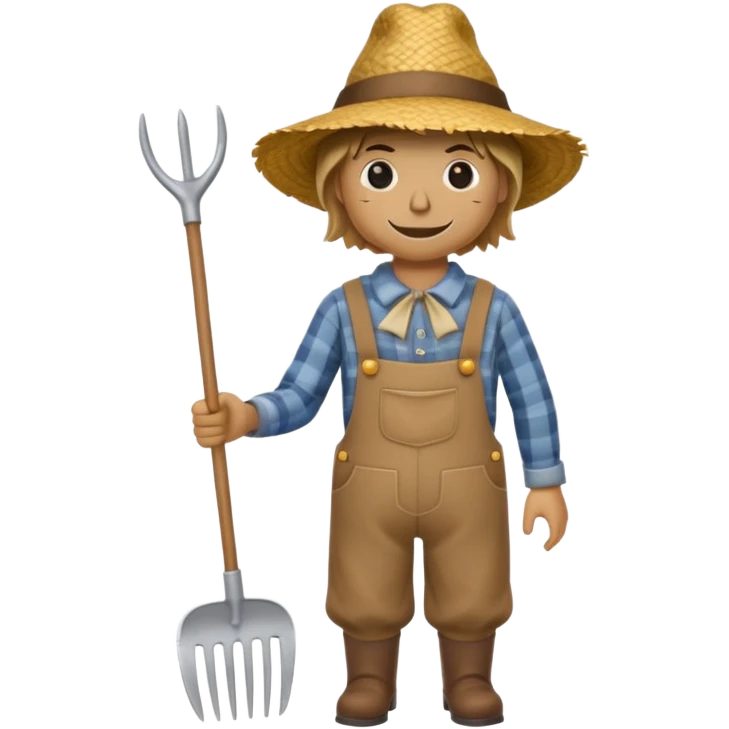 Scarecrow, straw hat, and a rake tucked in one arm, body on stick emoji