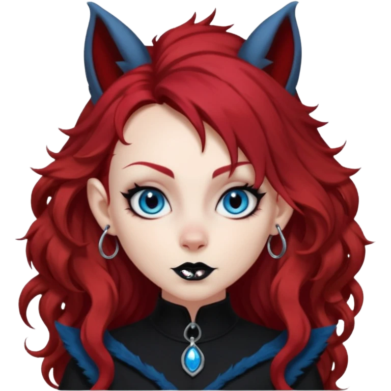  long curly red hair (darker), red pointed ears with black trim, black goth outfits, body and face human, blue eyes, more pointy chin, black lipstick, big fluffy red squirrel tail with black tips, like the attached photo with more outfits and poses,  emoji