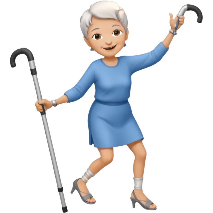 old woman with short hair dancing with crutches emoji