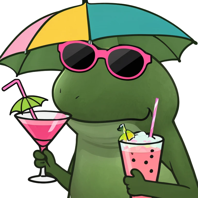 Bufo frog in a dancing pose, with colorful umbrella hat, oversized sunglasses, holding a pink cocktail with a straw, classic Bufo meme style, no background. emoji