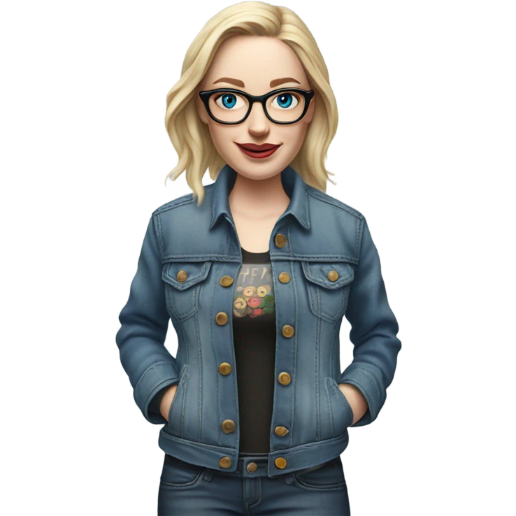 Create a Hyper Realistic pale beautiful tattooed 3D woman with glasses and blue eyes wearing denim jacket emoji