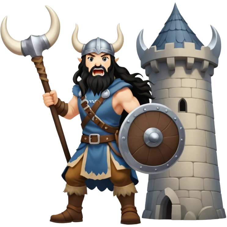 vikingo, con cuerno de vaca, pelo negro ondulado, de pie, grito de guerra en torre de Asgard. emoji